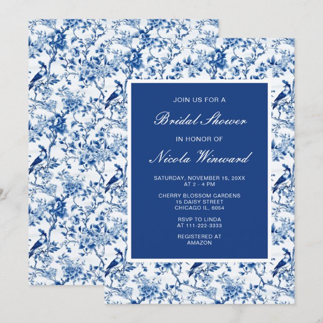 Invitation Chinoiserie Blue Birds and Flowers Fête des mariée (Devant / Derrière)