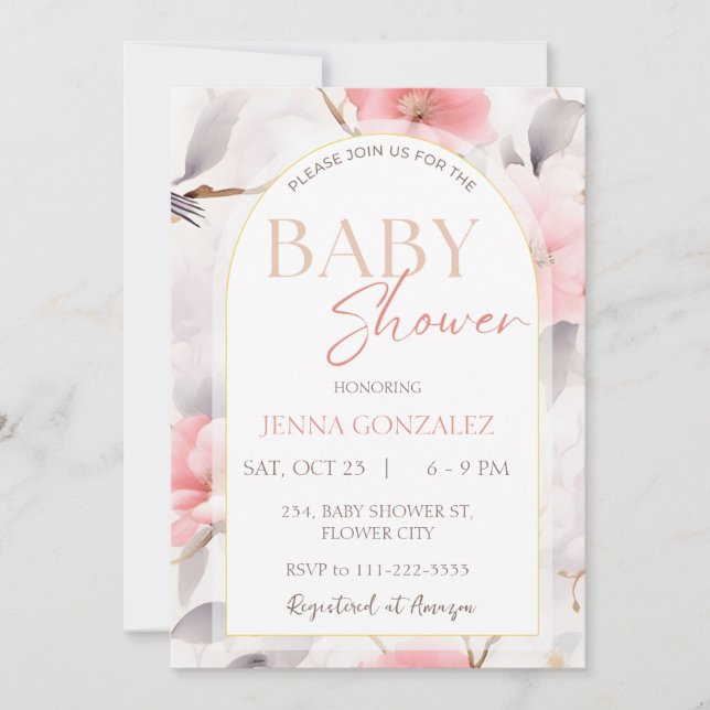 Invitation Chinoiserie Blush Girl Baby shower floral (Devant)