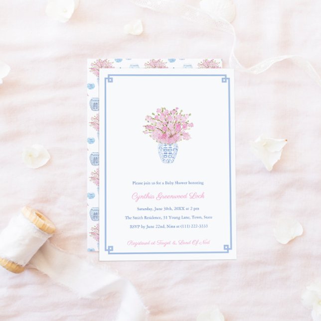 Invitation Chinoiserie Chic Pink Blue Girl Baby shower Party (Créateur téléchargé)