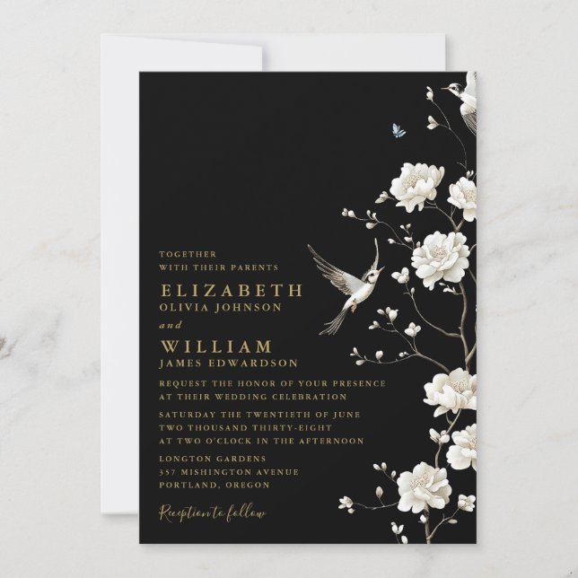 Invitation Chinoiserie d'or noir Floral tout en un Mariage (Devant)