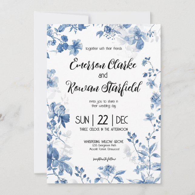 Invitation Chinoiserie Élégante Toile Florale Bleu Français (Devant)