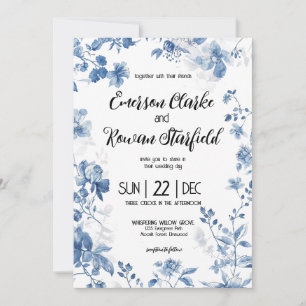 Invitation Chinoiserie Élégante Toile Florale Bleu Français