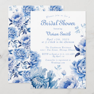 Invitation Chinoiserie Fête des mariées florale bleue et blan