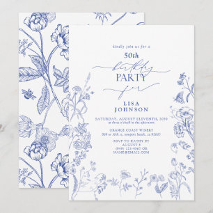 Invitation Chinoiserie Floral bleu français 50e anniversaire