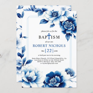 Invitation Chinoiserie florale bleue avec triple bordure Bapt