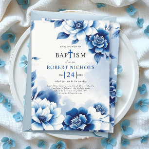 Invitation Chinoiserie florale bleue, lavage à l'aquarelle Ba