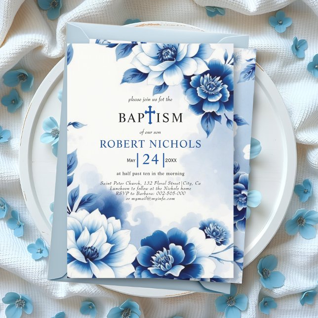 Invitation Chinoiserie florale bleue, lavage à l'aquarelle Ba (Créateur téléchargé)