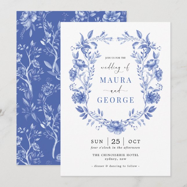Invitation Chinoiserie Garden Delft Blue Floral Crest Mariage (Devant / Derrière)