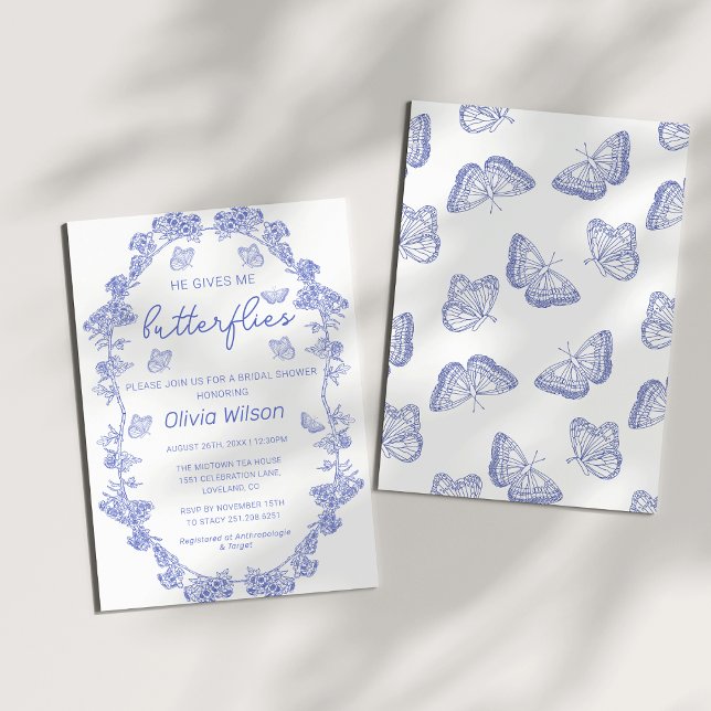 Invitation Chinoiserie Il Me Donne Des Papillons Fête des mar (Whimsical He Gives Me Blue Chinoiserie Butterflies Bridal Shower)