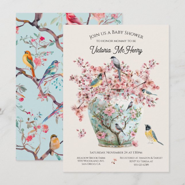 Invitation Chinoiserie Oiseaux Cerisiers Blossoms Baby shower (Devant / Derrière)