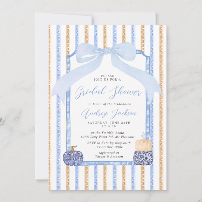 Invitation Chinoiserie Pumpkin & Blue Bow Fall Bridal Shower (Devant)