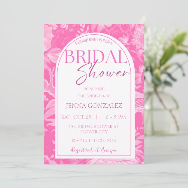 Invitation Chinoiserie rose chaud Fête des mariées de pivoine (Debout devant)