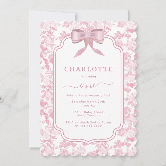 Invitation Chinoiserie Rose rose 1ère Fille Anniversaire (Devant)