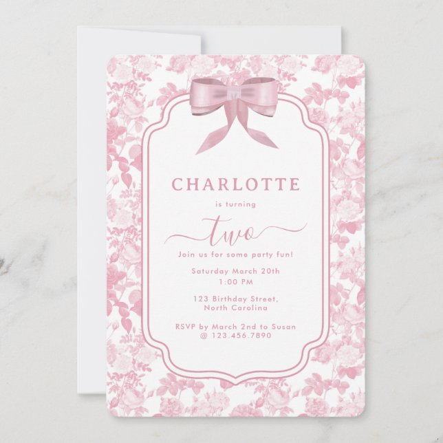 Invitation Chinoiserie Rose rose Floral Fille Anniversaire (Devant)