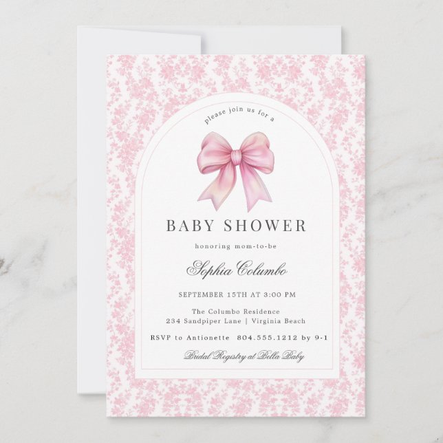 Invitation Chinoiserie rose Toile Coquette Bow Baby shower (Devant)