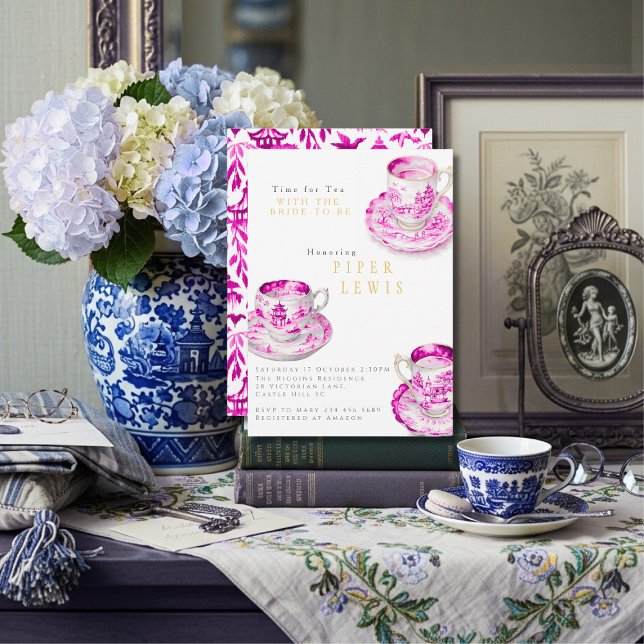 Invitation Chinoiserie Time for Tea Bridal Shower Pink  (Chinoiserie Time for Tea Bridal Shower Pink Invitation)