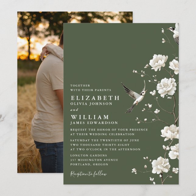 Invitation Chinoiserie verte d'olive Mariage Floral Photo (Devant / Derrière)