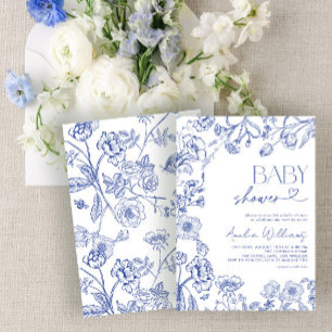 Invitation Chinoiserie Vintage Floral Blue Script Baby shower