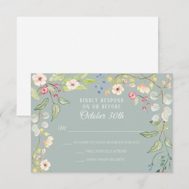 Invitation Chintz anglais Argent Sauge Rose poudré Aquarelle  (Devant / Derrière)