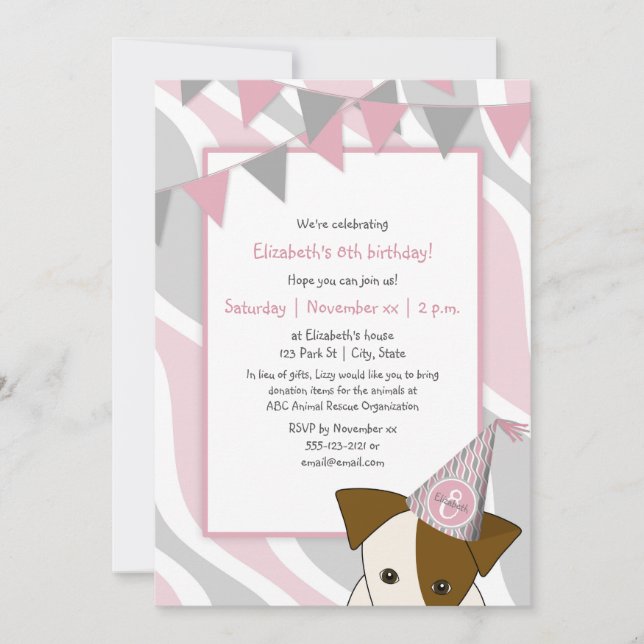 Invitation chiot de fête gris rose péeking anniversaire de la (Devant)