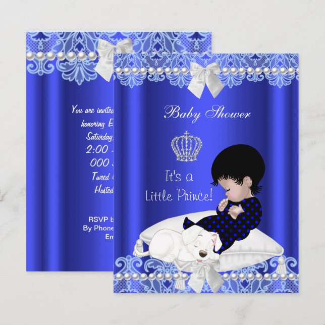 Invitation Chiot en dentelle bleu Prince Baby shower Boy (Devant / Derrière)