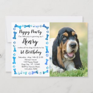 Invitation Chiot - Garçon bleu - Chien Anniversaire Chien Chi