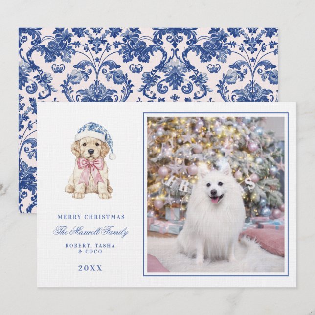 Invitation Chiot rose et bleu de Noël Chinoiserie (Devant / Derrière)