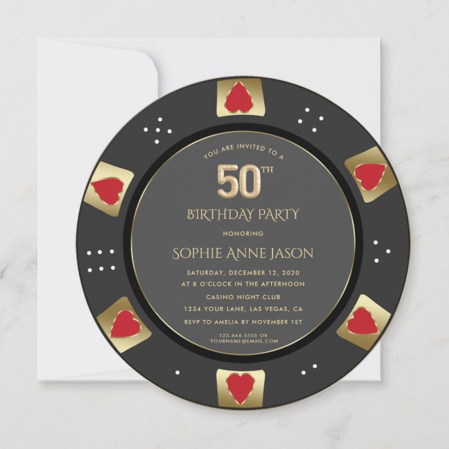 Invitation Chip de Poker Gold Vegas de luxe 50e anniversaire (Devant)