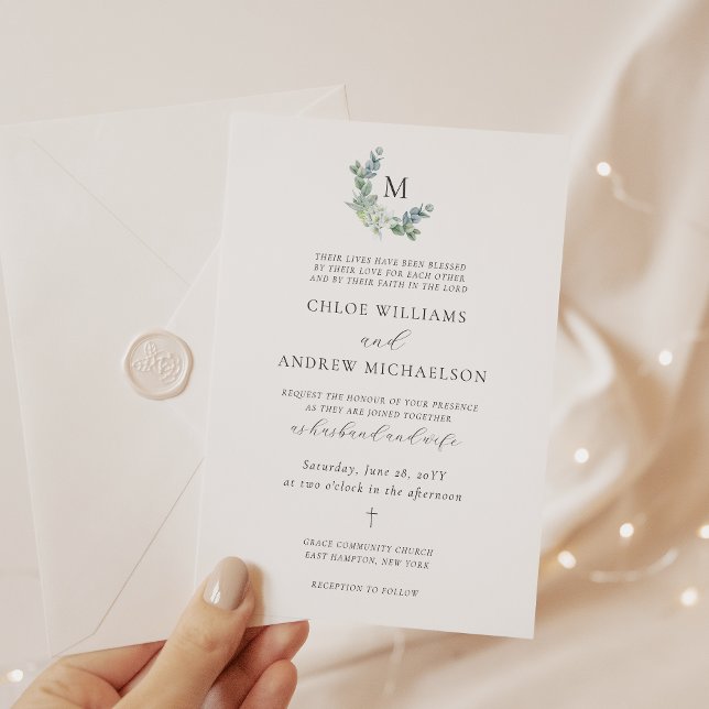 Invitation Chloe Simple Elégant Vert Mariage Chrétien En (Christian wedding invitation with monogram and greenery)