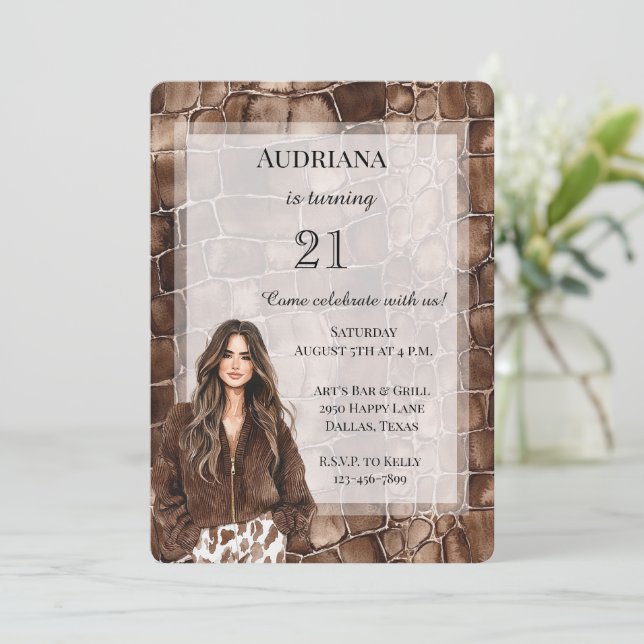 Invitation Chocolat Brown crémeux Brown cheveux fille Anniver (Debout devant)