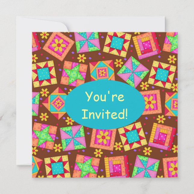 Invitation Chocolat Brown Jaune Patchwork Quilt Block Art (Devant)