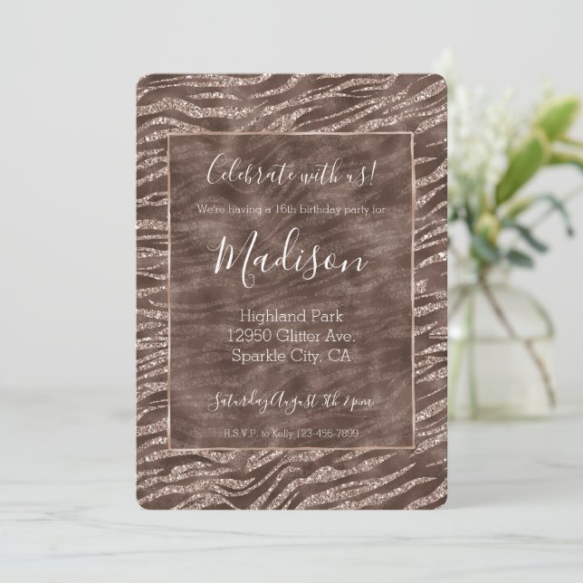 Invitation Chocolat Brown Zebra Parties scintillant (Debout devant)