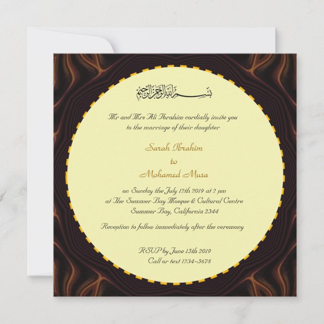 Invitation Chocolat crème et or mariage musulman (Devant)