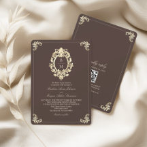 Chocolat Marron Or Baroque Monogramme QR Mariage