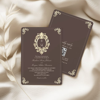 Invitation Chocolat Marron Or Baroque Monogramme QR Mariage