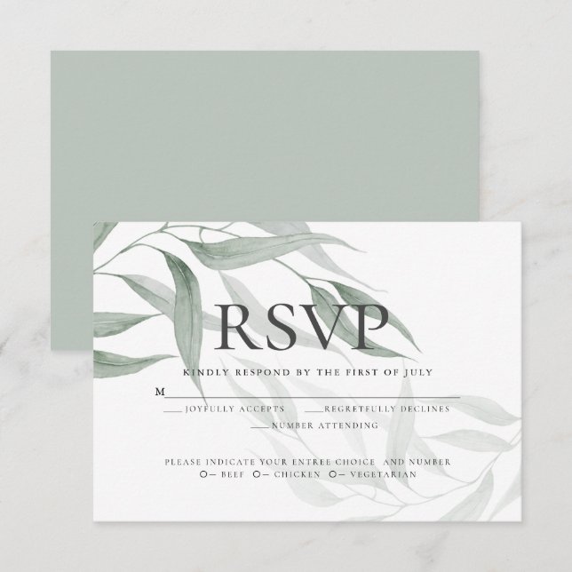 Invitation Choix de repas RSVP | Feuilles d'aquarelle vert po (Devant / Derrière)