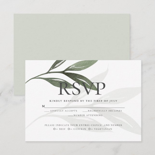 Invitation Choix de repas RSVP | Feuilles d'aquarelle verte S (Devant / Derrière)