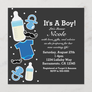 Invitation Choses de Baby Shower Garçon Bleu & Gris Moderne