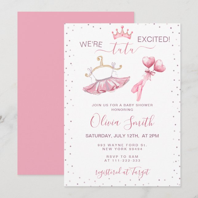 Invitation Chou Tutu Ballet Chaussons Ballerina Baby shower (Devant / Derrière)