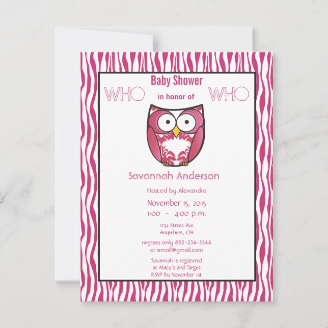 Invitation Chouette bébé fille PINK Zebra Stripe Douche Invit (Devant)