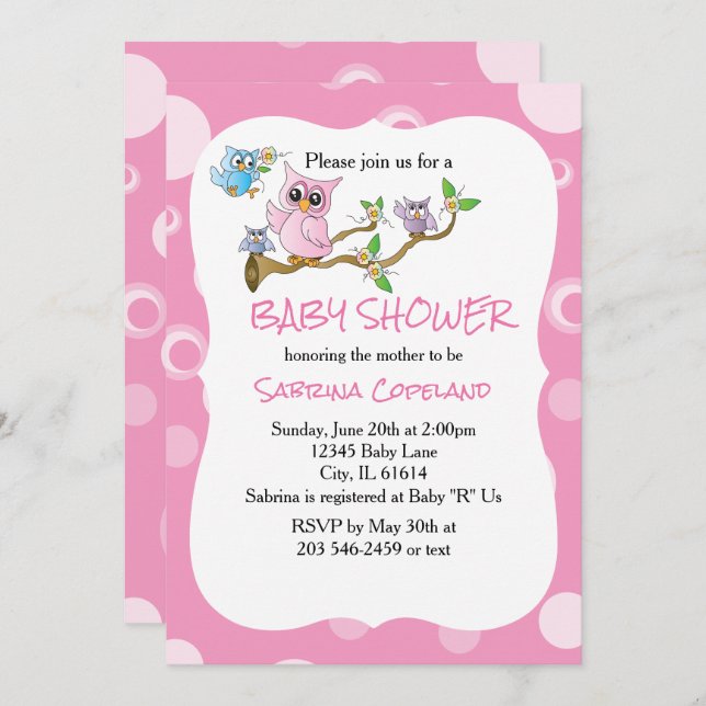 Invitation Chouette-bébé rose | Thème Douche (Devant / Derrière)