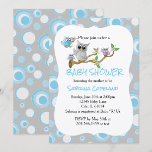 Invitation Chouette de bébé bleu et gris 🦉 Thème de douche