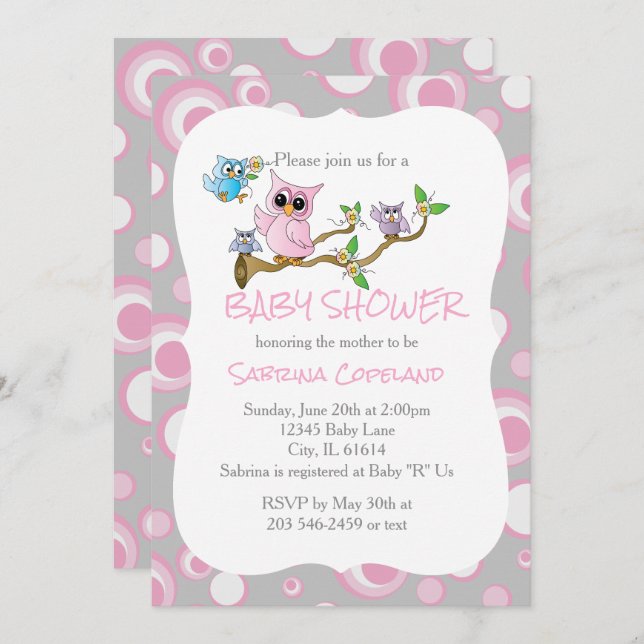Invitation Chouette de bébé rose et gris | Thème Douche (Devant / Derrière)
