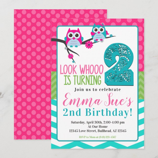 Invitation Chouette d'été rose turquoise et verte 2e annivers (Devant / Derrière)