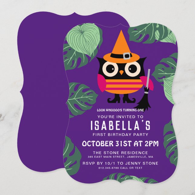 Invitation Chouette d'Halloween Botanique Premier anniversair (Devant / Derrière)