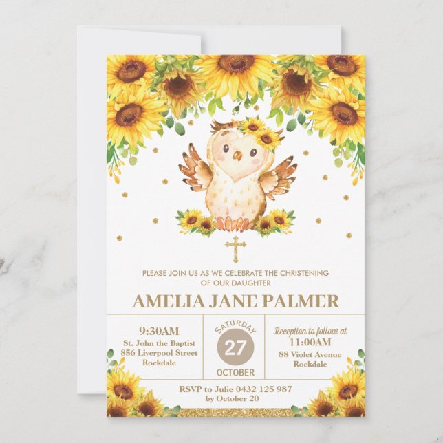 Invitation Chouette Fleur de Soleil Floral Christening Baptêm (Devant)