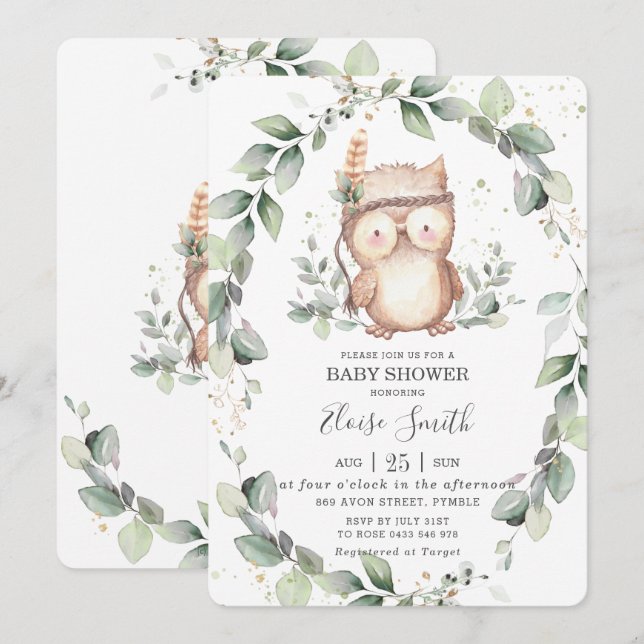 Invitation Chouette lunaire Verdure rustique Baby shower neut (Devant / Derrière)