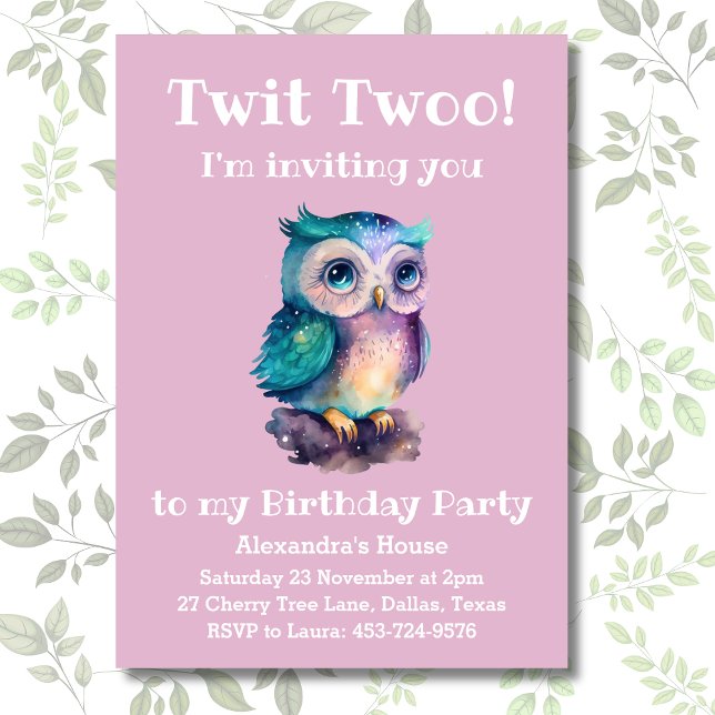 Invitation Chouette mignonne Dusty Rose Woodland Girls Annive (Créateur téléchargé)