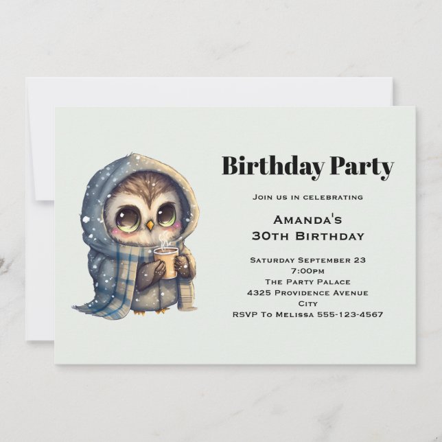 Invitation Chouette mignonne en hiver avec café Anniversaire (Devant)