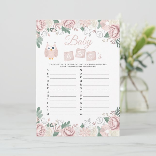 Invitation Chouette rose Baby shower floral bébé ABC's Game C (Debout devant)